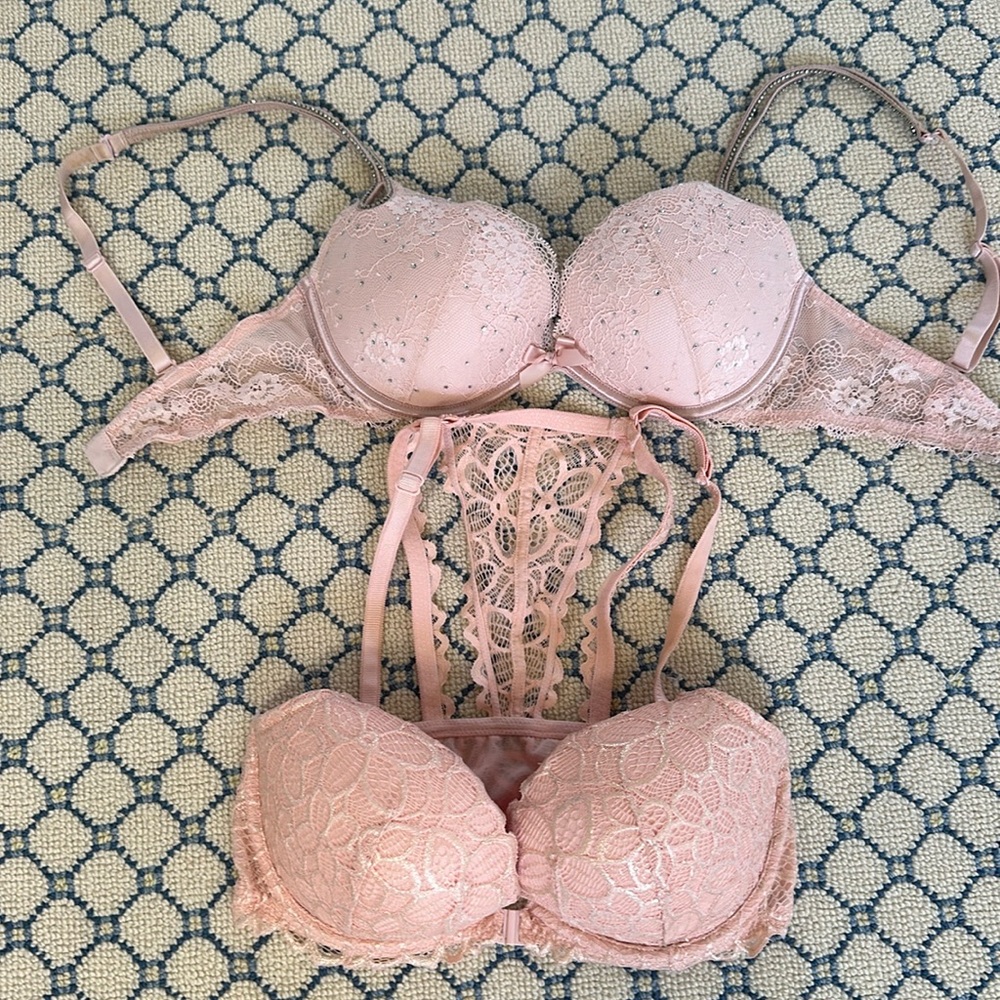 2 Victoria’s Secret bras, 32D and 32DD, rhinestones and racer back bras